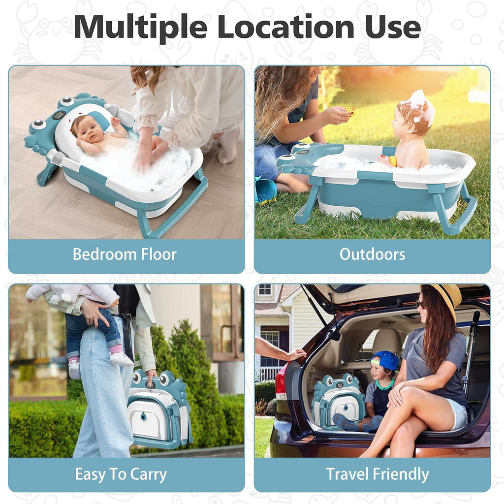 Collapsible Baby Bathtub for Newborns with Thermometer and Soft Floating Cushion Portable and Foldable Travel Baby