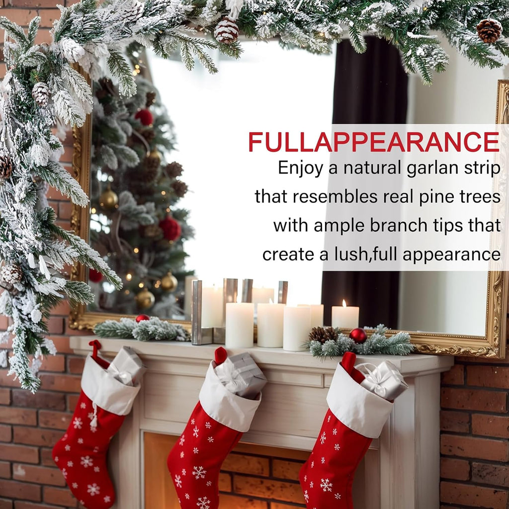 9FT Real Touch Christmas Artificial Garland - Norfolk Pine Flocked Garland with 50 Warm White LED Lights Fireplace