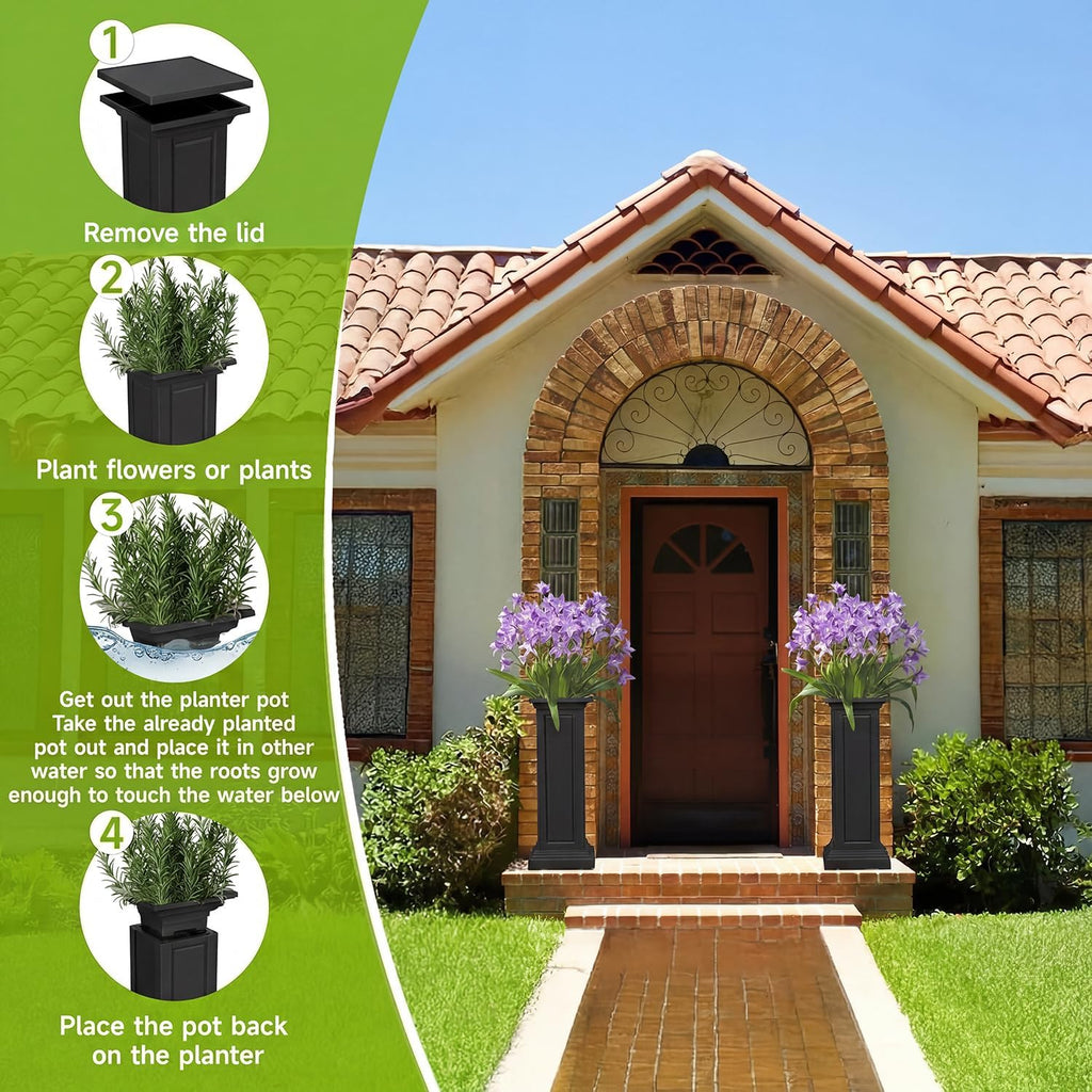 Tall Black Resin Planters Set of 2, Large All-Weather Outdoor Garden Pots, Durable Crack-Resistant Flower Pots for