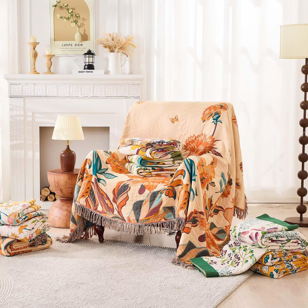 Boho Throw Blanket for Bed, 100% Cotton Soft Rustic Quilt Fall Blanket, 50"x60" Colorful Floral Printed Farmhouse