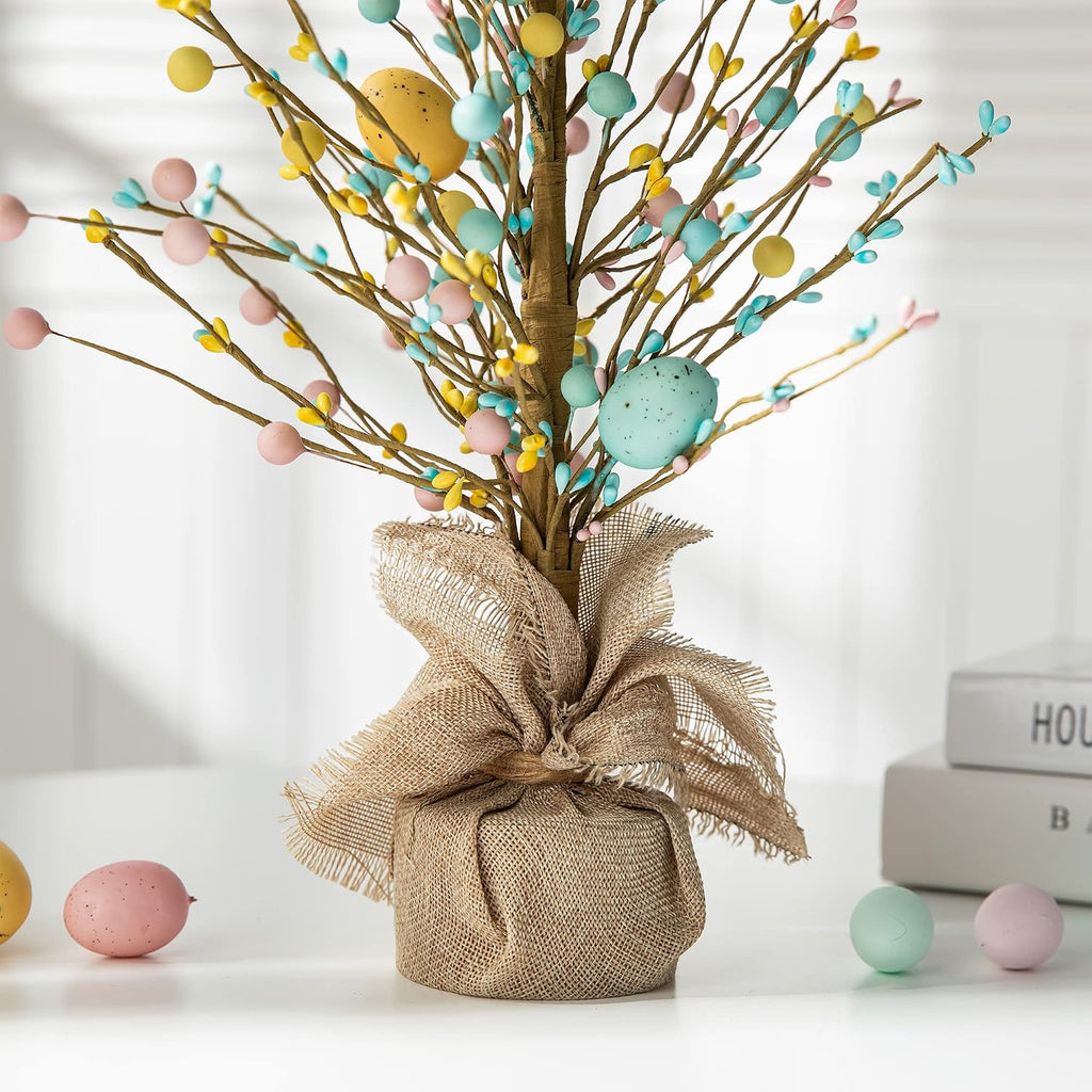 18"H Easter Eggs Table Tree with Burlap Base, Decorative Tree Table Centerpiece for Great Festival Easter Party Home