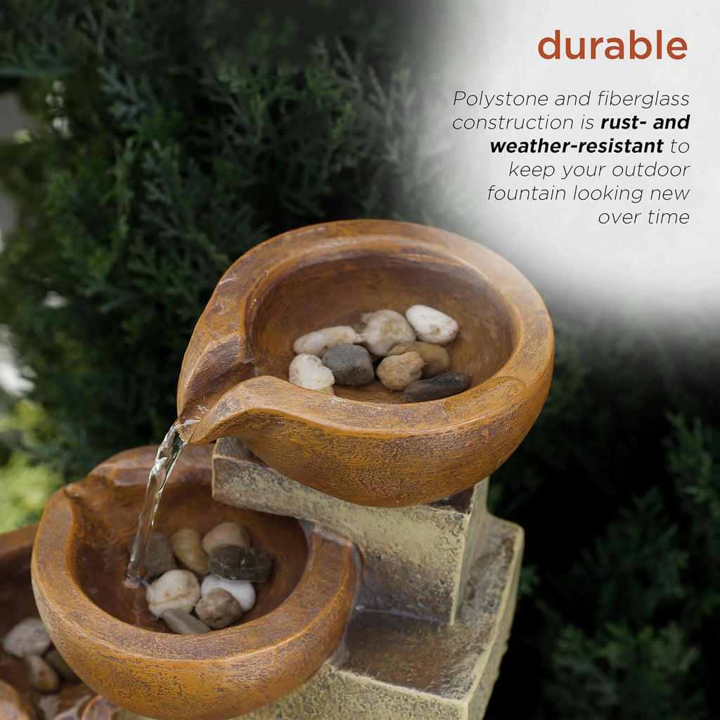 16"H Tabletop Tiered Pouring Pots Waterfall Fountain - Natural Stone-Look Finish Adds Rustic Charm - Brown