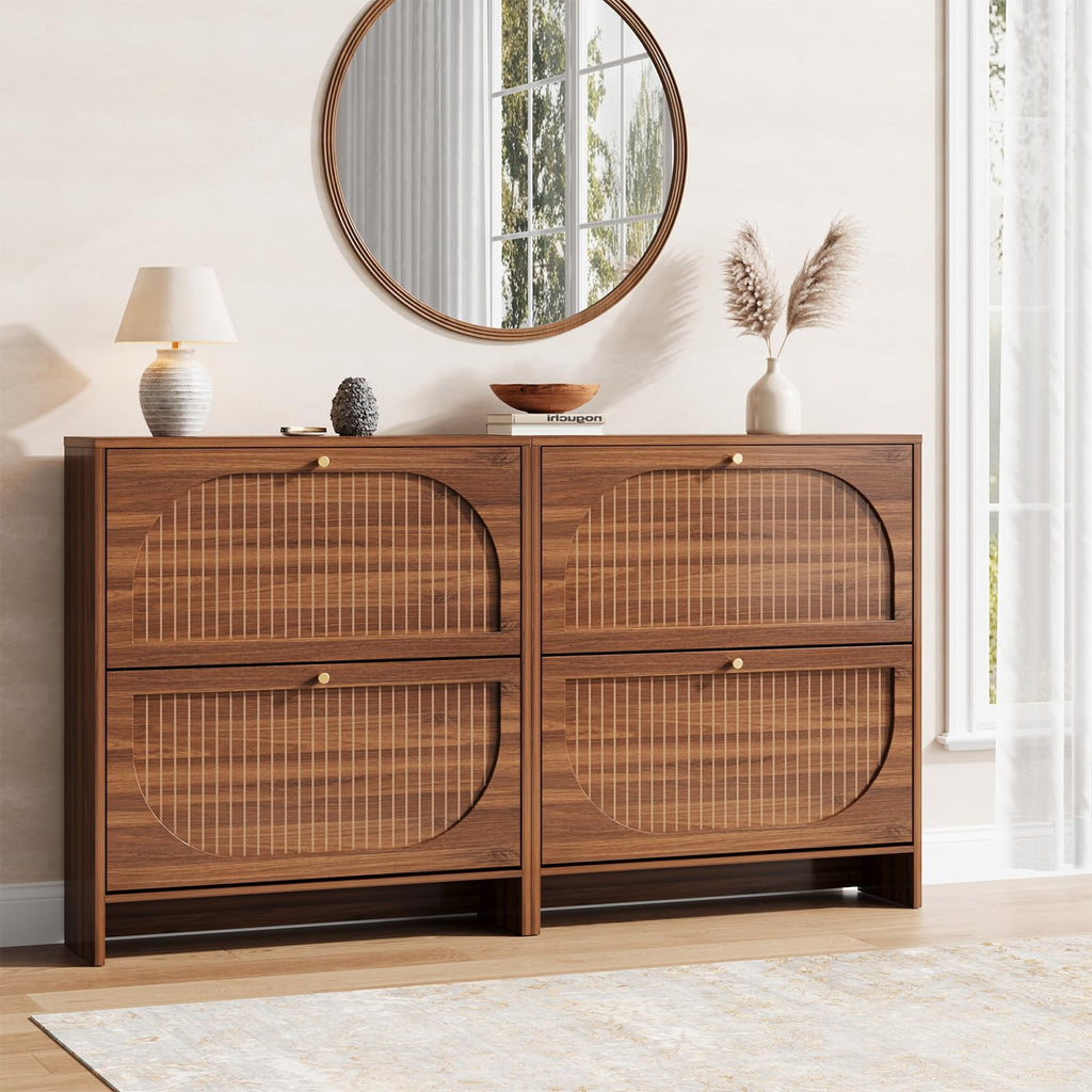 Arch-Chic Shoe Cabinet, Modern Mid-Century Shoe Storage Cabinet with Fluted, Narrow Shoe Rack with Adjustable