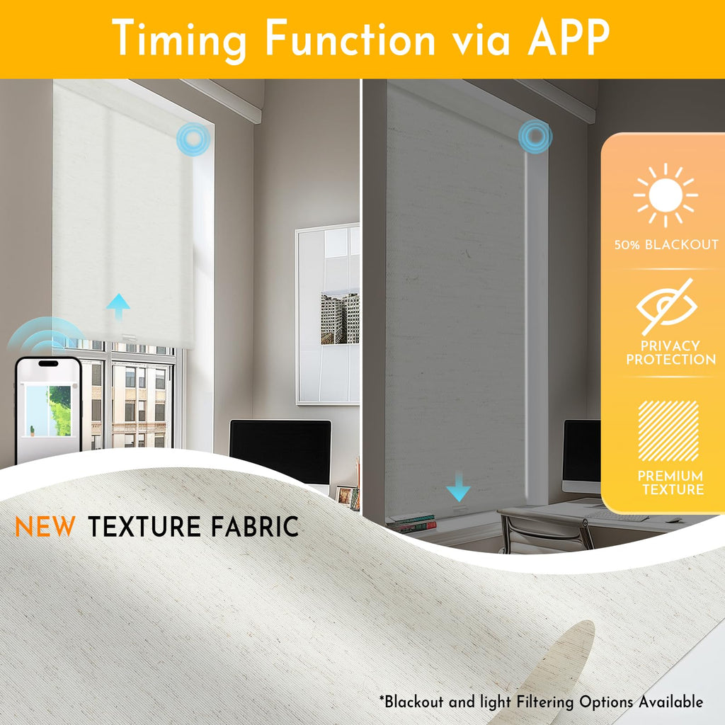 Smart Motorized Blinds with Remote, No Drill Automatic Roller Shades for Indoor Windows, Light Filtering Linen