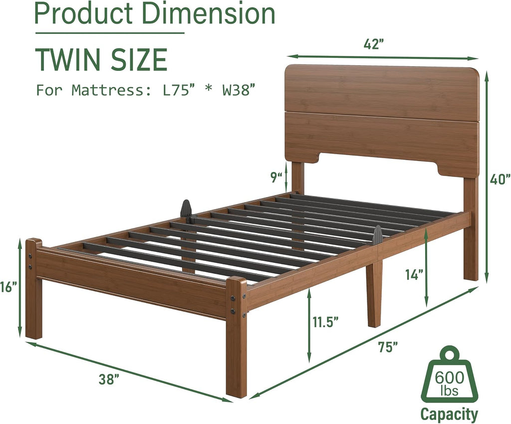 14in High Solid Bamboo Wood Platform Queen Bed Frame with Headboard, Reinforced Heavy Duty Metal Slats, Noise Free