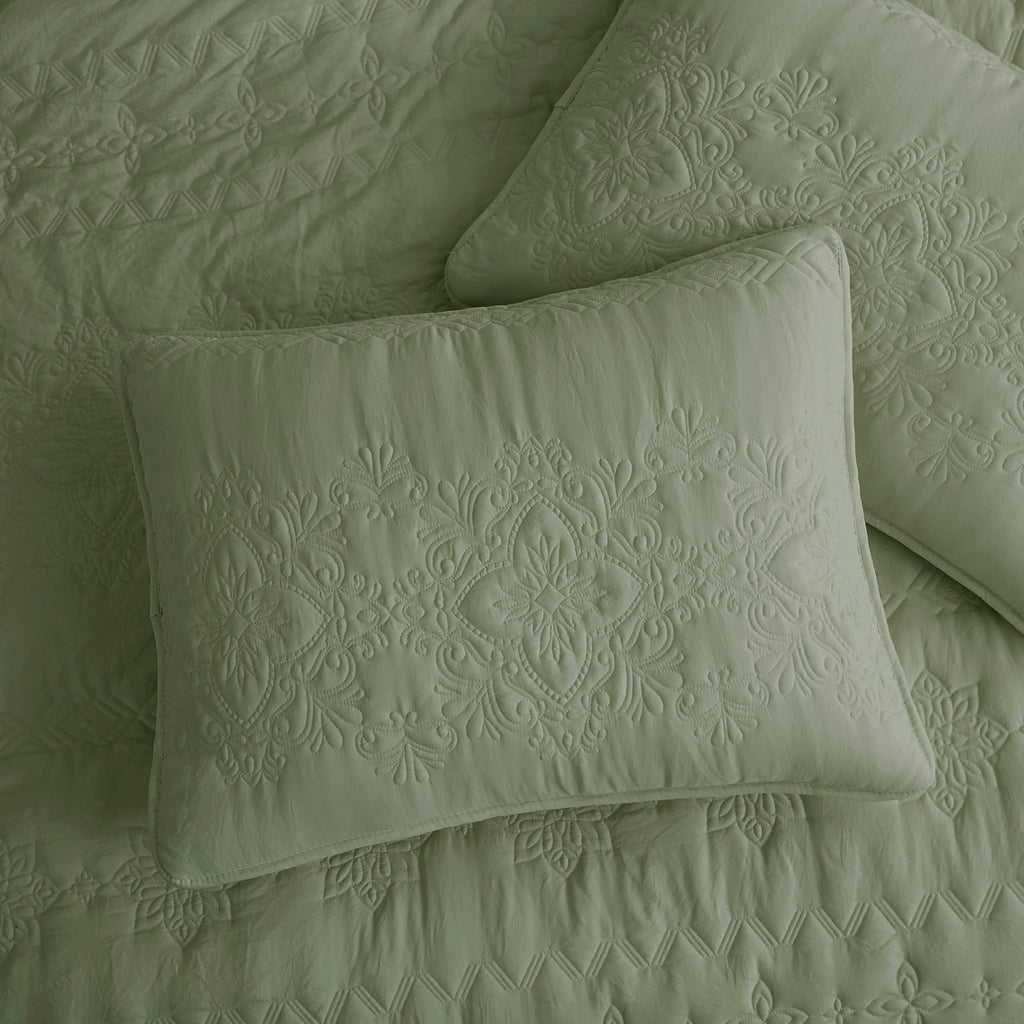 Boho Sage Green Quilt King Size Bedding Sets with Pillow Sham, Bohemian Lightweight Soft Bedspread Coverlet