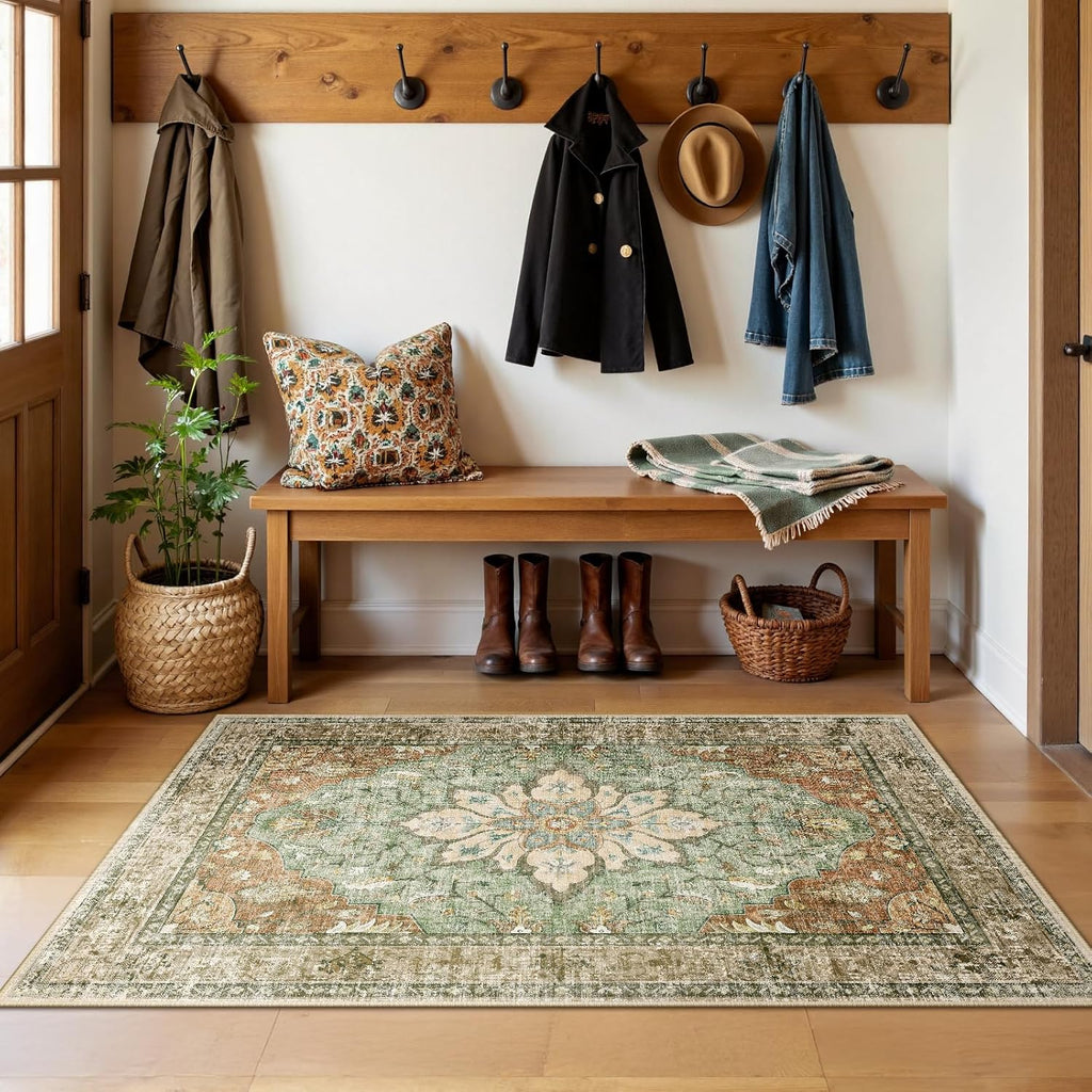 Area Rugs 3'x5' Washable Non-Slip, Floral Vintage Distress Medallion Carpet for Living Room Bedroom 