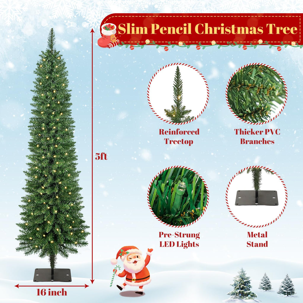 5FT Prelit Pencil Christmas Tree, Slim Christmas Tree