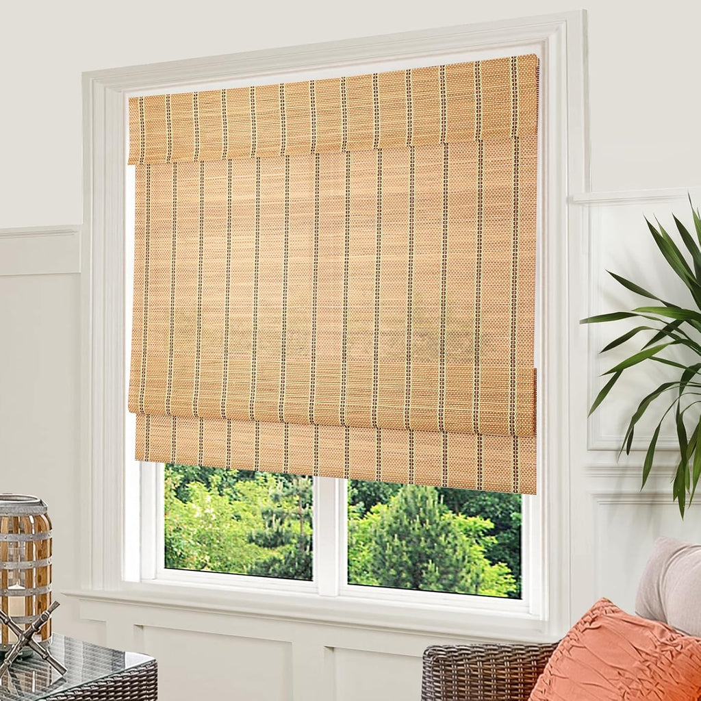 Cordless Bamboo Roman Shades, Natural Woven Blinds with 6 Inches High Valance, Custom Room Darkening Privacy Lined