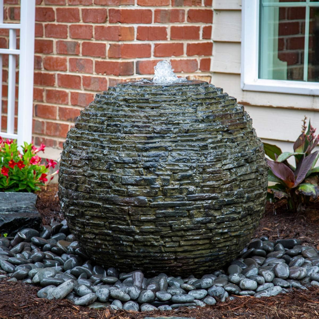 Stacked Slate Sphere Fountain, 24 Inch Diameter 61 cm, Lightweight Fiber-Resin Composite Decorative Water Feature