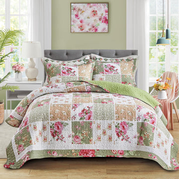 Patchwork Quilt Set, 3 Pieces Green White Pink Floral Plaid Reversible American Country Bedspread Coverlet