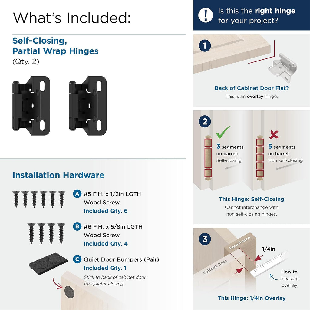 BPR7566FB Cabinet Hinge 1/4 inch (6 mm) Overlay Self Closing Partial Wrap Matte Black Kitchen Cabinet Door Hinge 1