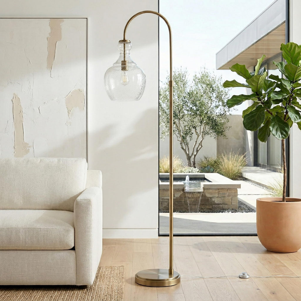 Arc Floor Lamp with Glass Shade in Brass/Seeded, Floor Lamp