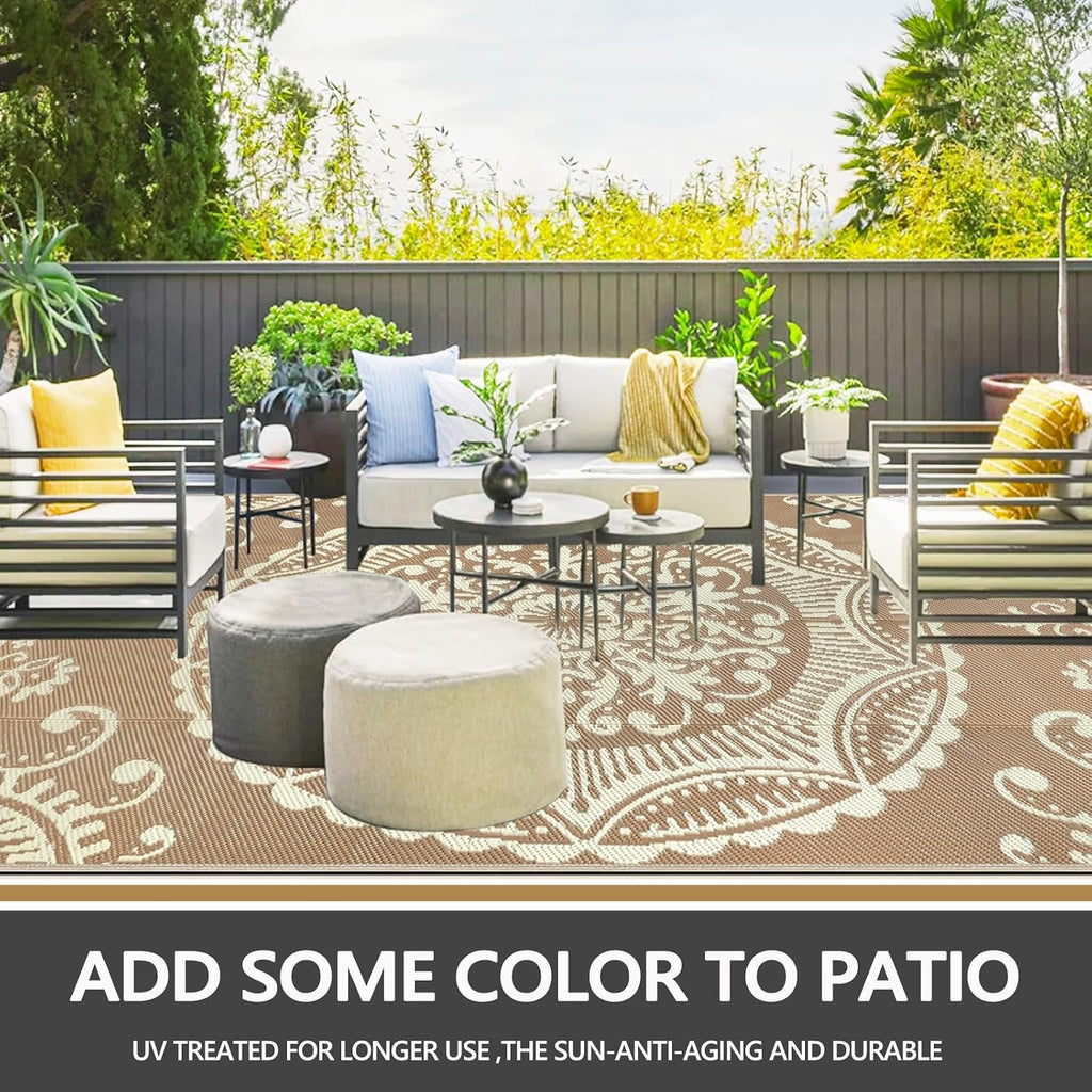 Outdoor Rug 8x10 Patio Waterproof Boho Floral Plastic Straw Rug Large Foldable Vintage Outside Carpet with Carry Bag