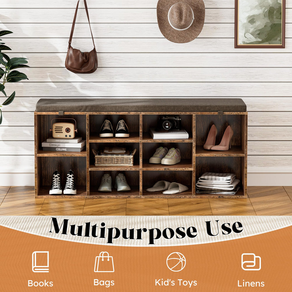 Shoe Storage Bench with Cushion, 41'' Long Entryway Bench with 10 Compartments Shoe Rack, Multifunctional Cubby