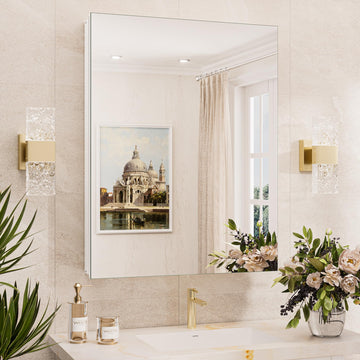 24x32 Mirrored Medicine Cabinet Recessed or Wall Mount, Aluminum Tempered White Bathroom Medicine Cabinet with Mirror