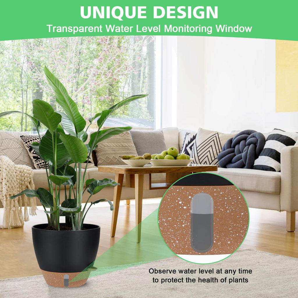 Self Watering Planter Set with Visual Water Level, 6Pack Small Plastic Pot with Drainage Holes and Reservoir Saucers