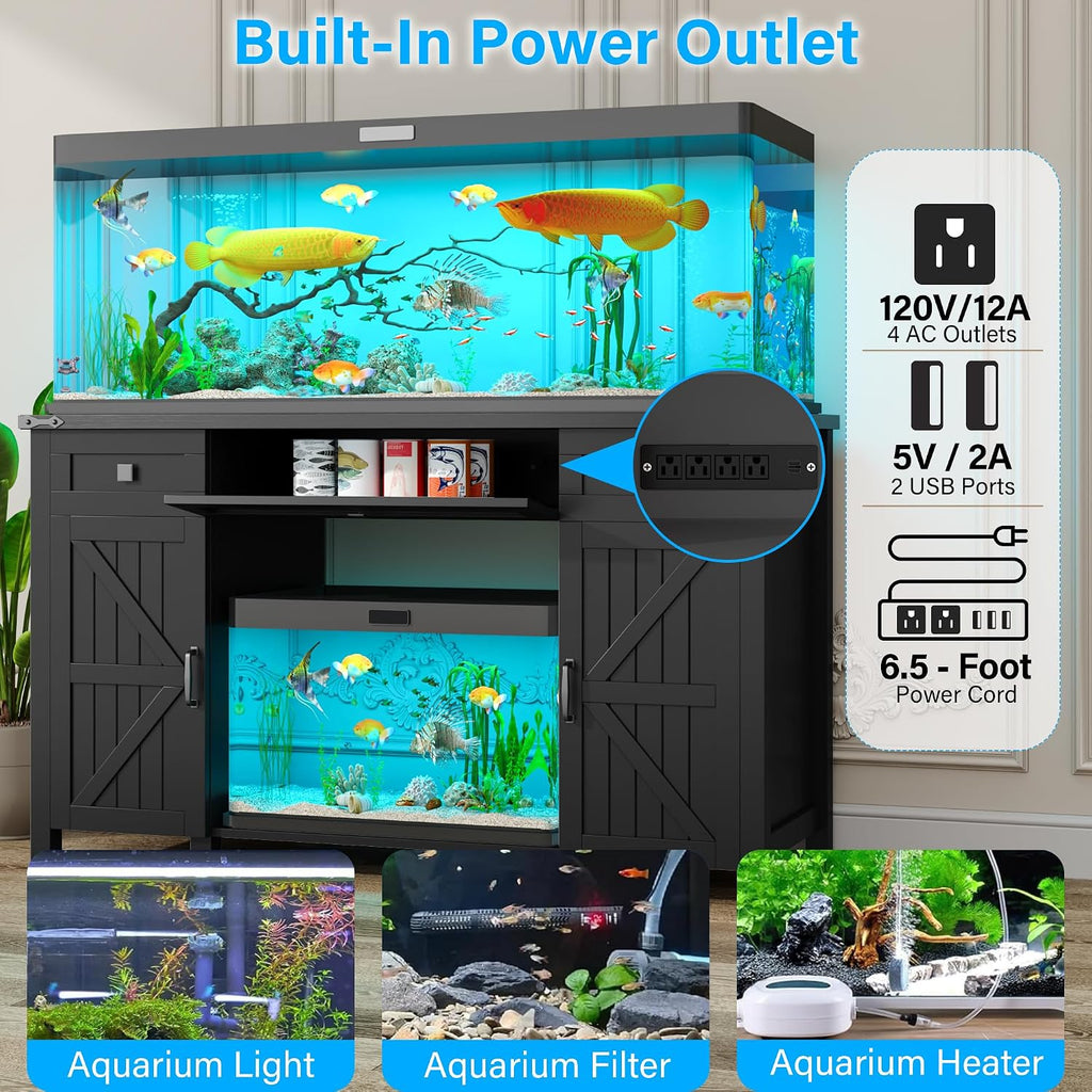 Farmhouse 55-75 Gallon Fish Tank Stand with Power Outlet, Aquarium Stand with 2 Drawers and Adjustable Shelves, Heavy
