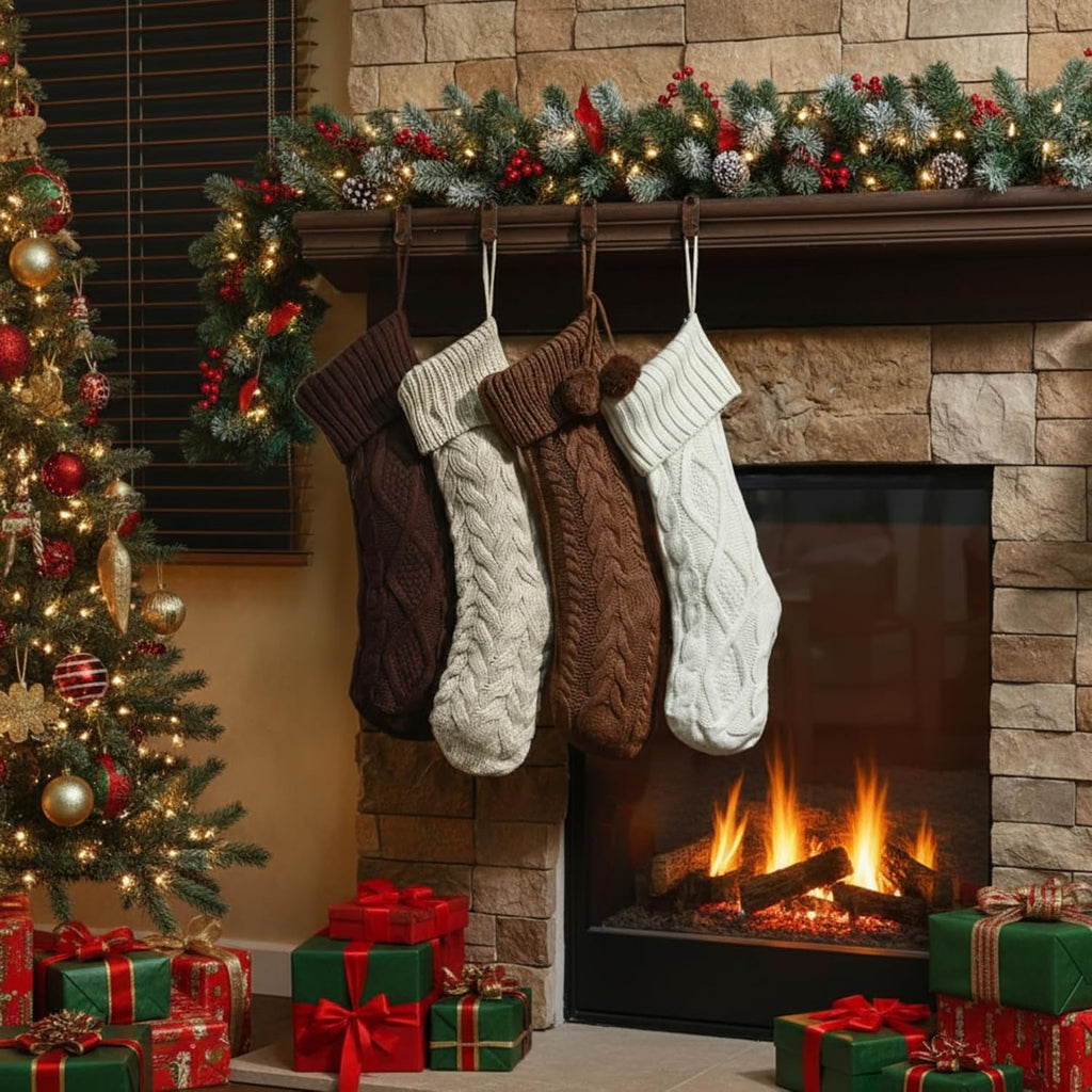 4 Pack Cable Knit Christmas Stockings 18 Inch Farmhouse Large Rustic Neutral Knitted Stockings Ornaments Hanging Xmas