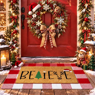 2 Pcs Christmas Doormat Outdoor, Cute Believe Welcome Mat and Rug