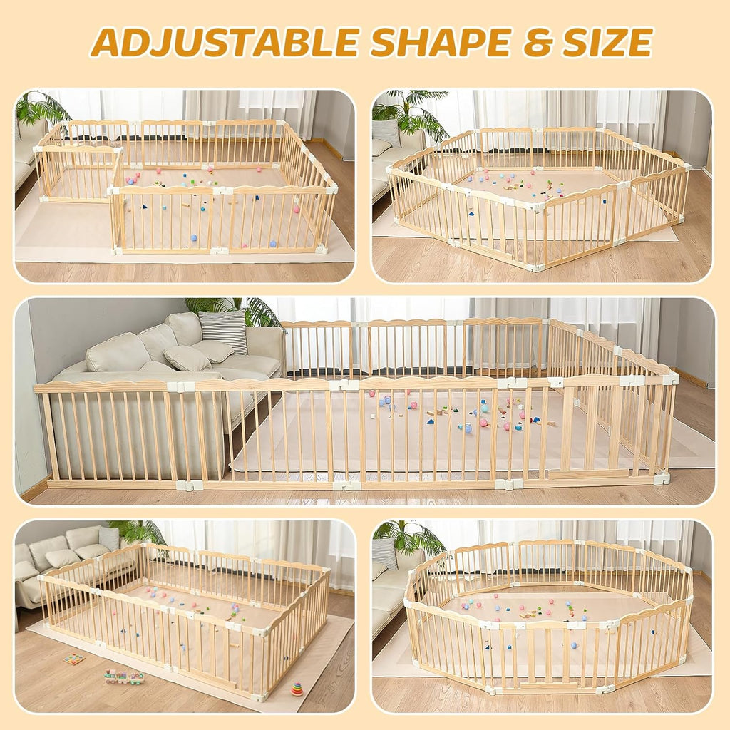 Foldable Baby Playpen Natural Wood Playpen for Babies,Toddlers,Kids Portable Infant Play pens with Door Extra Large