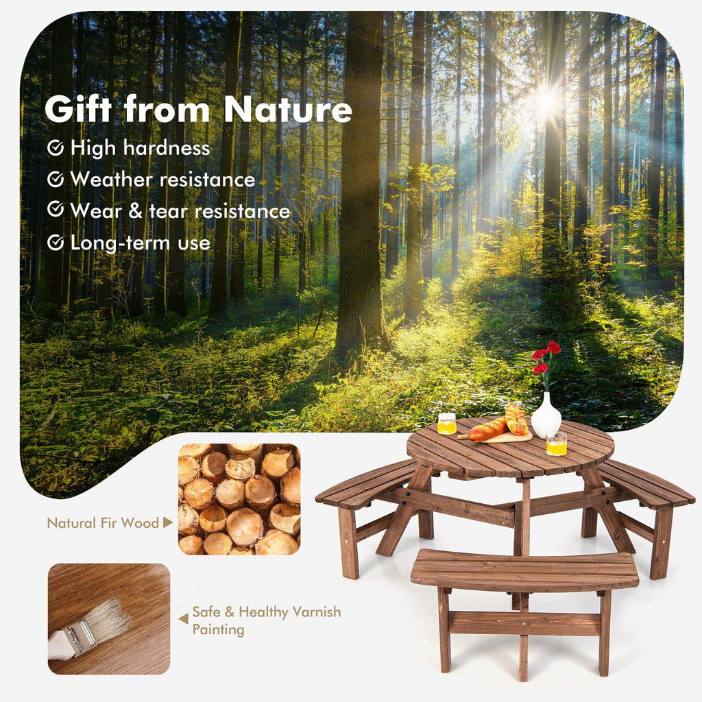 6 Person Wood Picnic Table, Outdoor Round Picnic Table with 3 Built-in Benches, Umbrella Hole, Outside Table and