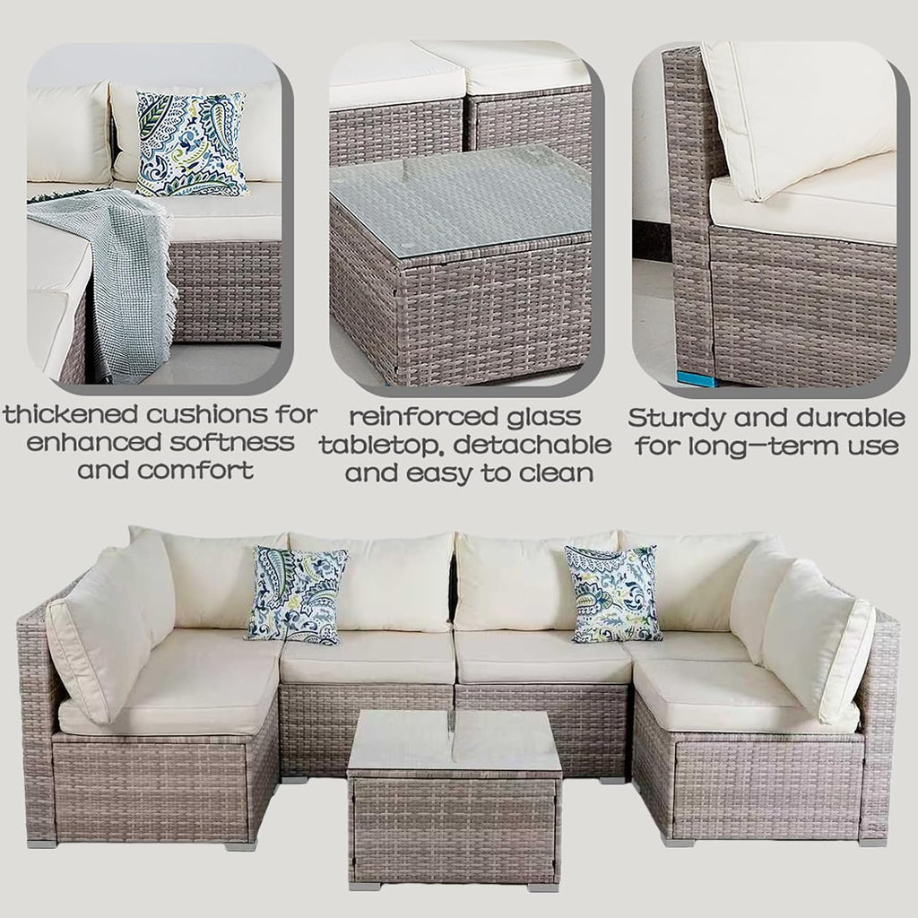 7 Piece Outdoor Patio Sectional Sofa Set, All-Weather Wicker Patio Furniture Set, with Tempered Glass Table and