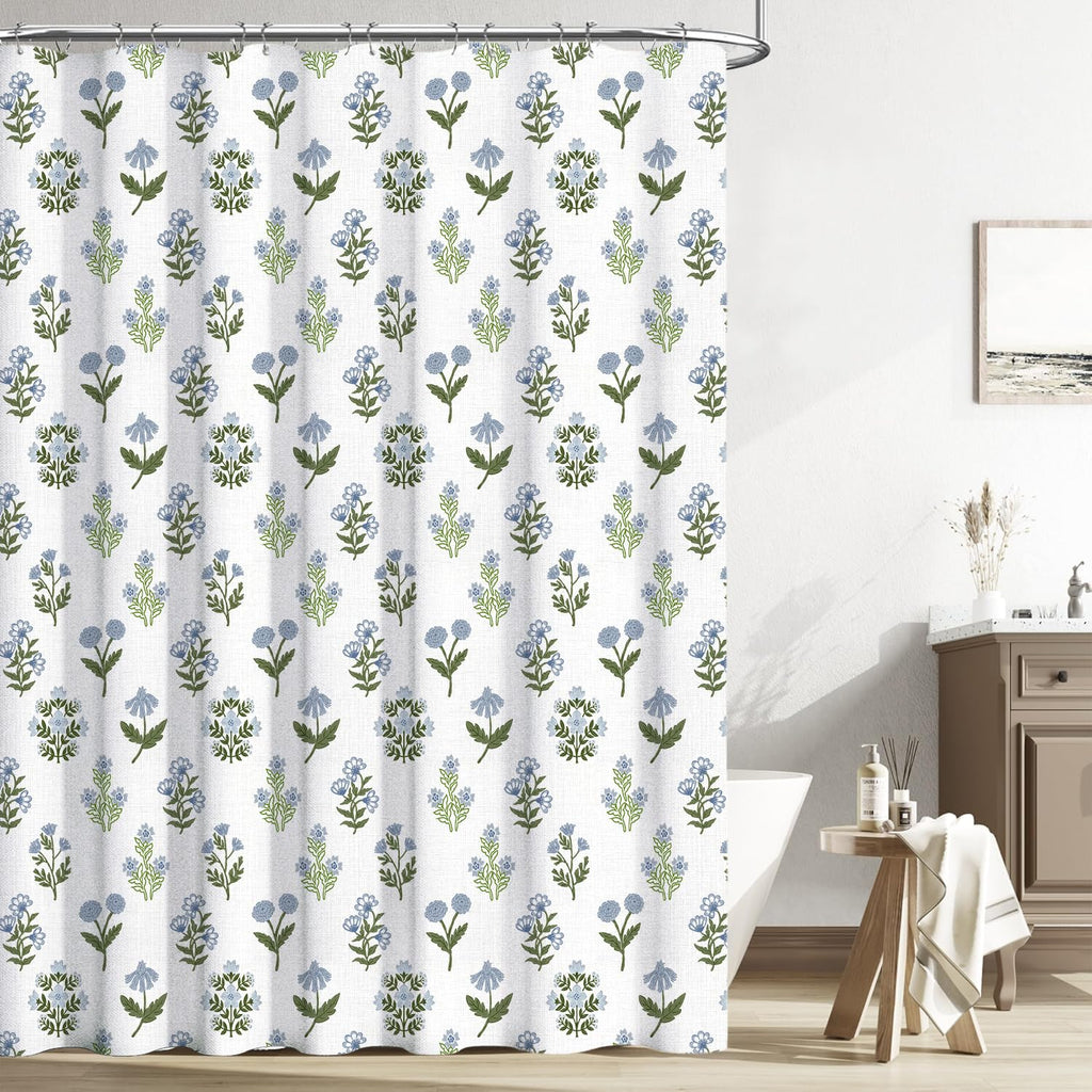Abstract Vintage Floral Cotton - Floral Block Print Pattern in Blue and Green, Botanical Boho Set for Rustic Farmhouse