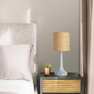 Light Blue Rattan Small Table Lamp, Light Blue Wicker Lamps for Bedside Nightstand, Rattan Shade Small Table Shape