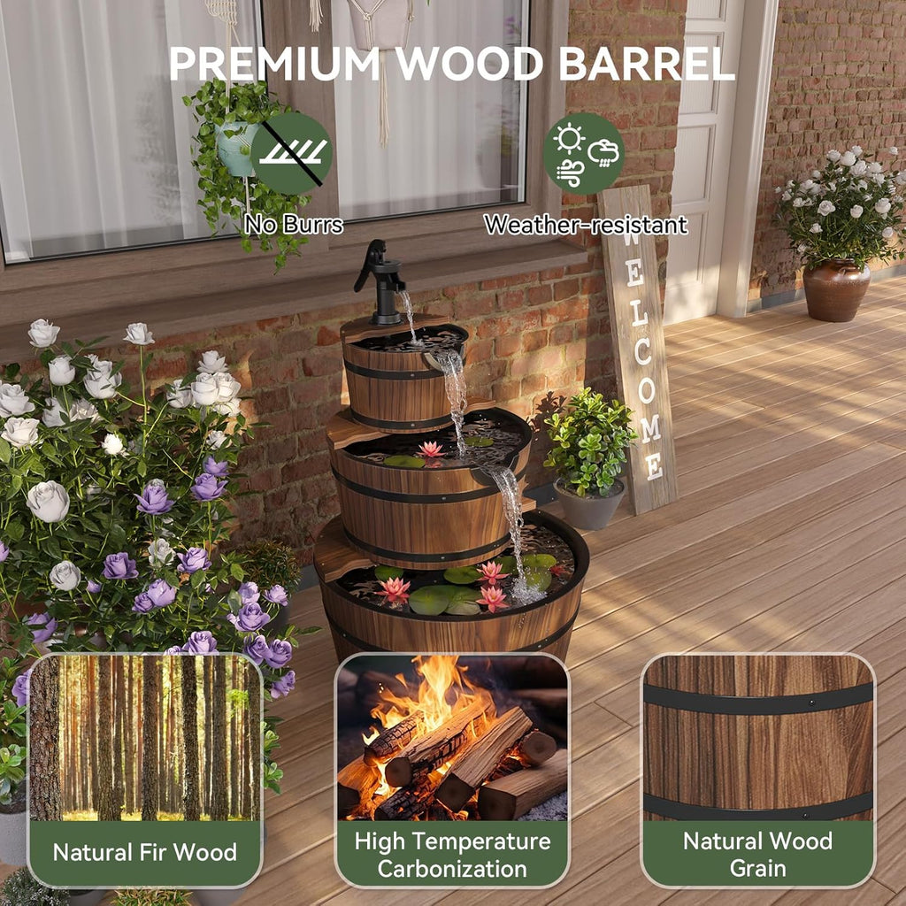3-Tier Outdoor Water Fountain, Wood Barrel Cascading with Electric Decorative Hand Pump, Rustic Waterfall Fountain
