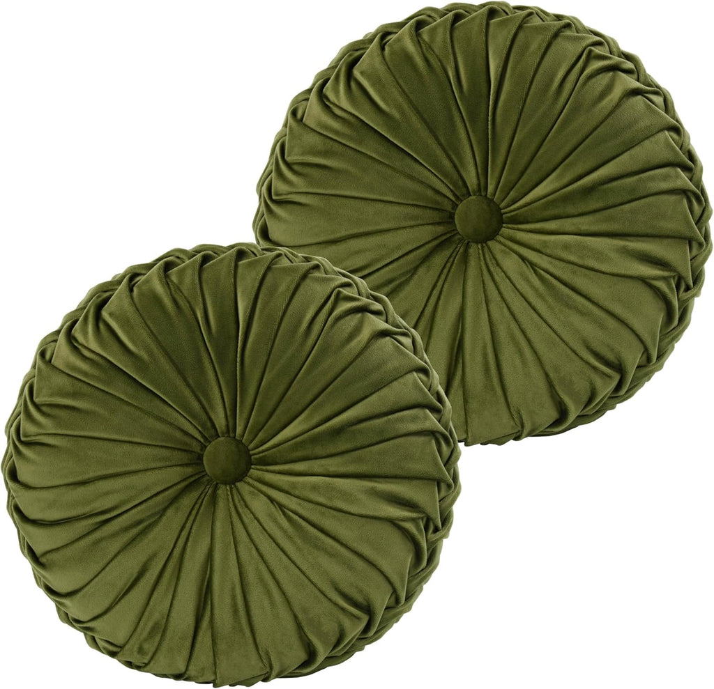 Set of 2 Decorative Round Pleated Throw Pillows, Classy Accent Pumpkin Throw Pillows with Center Button, Vintage