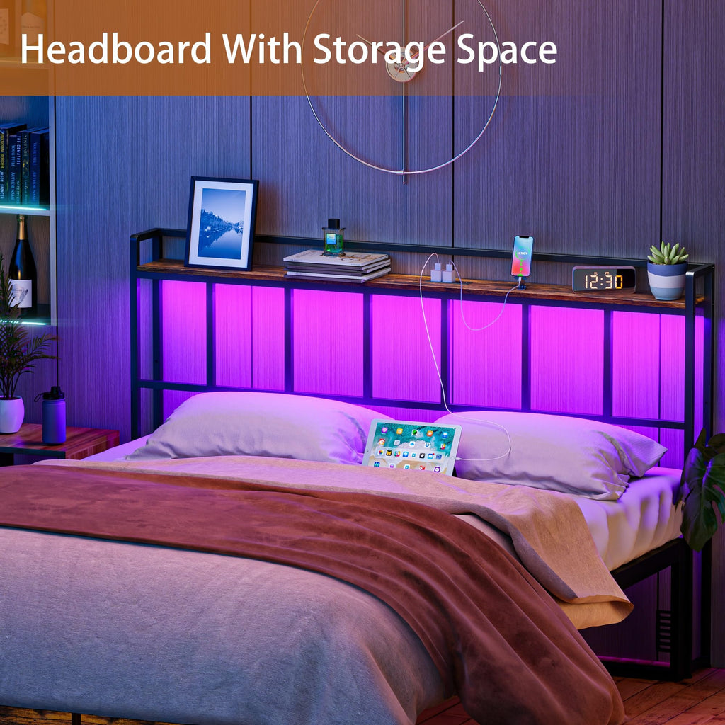 Headboard, Headboards with LED Light, Outlets and USB Ports, Head Board with Storage Rack, Sturdy and Stable