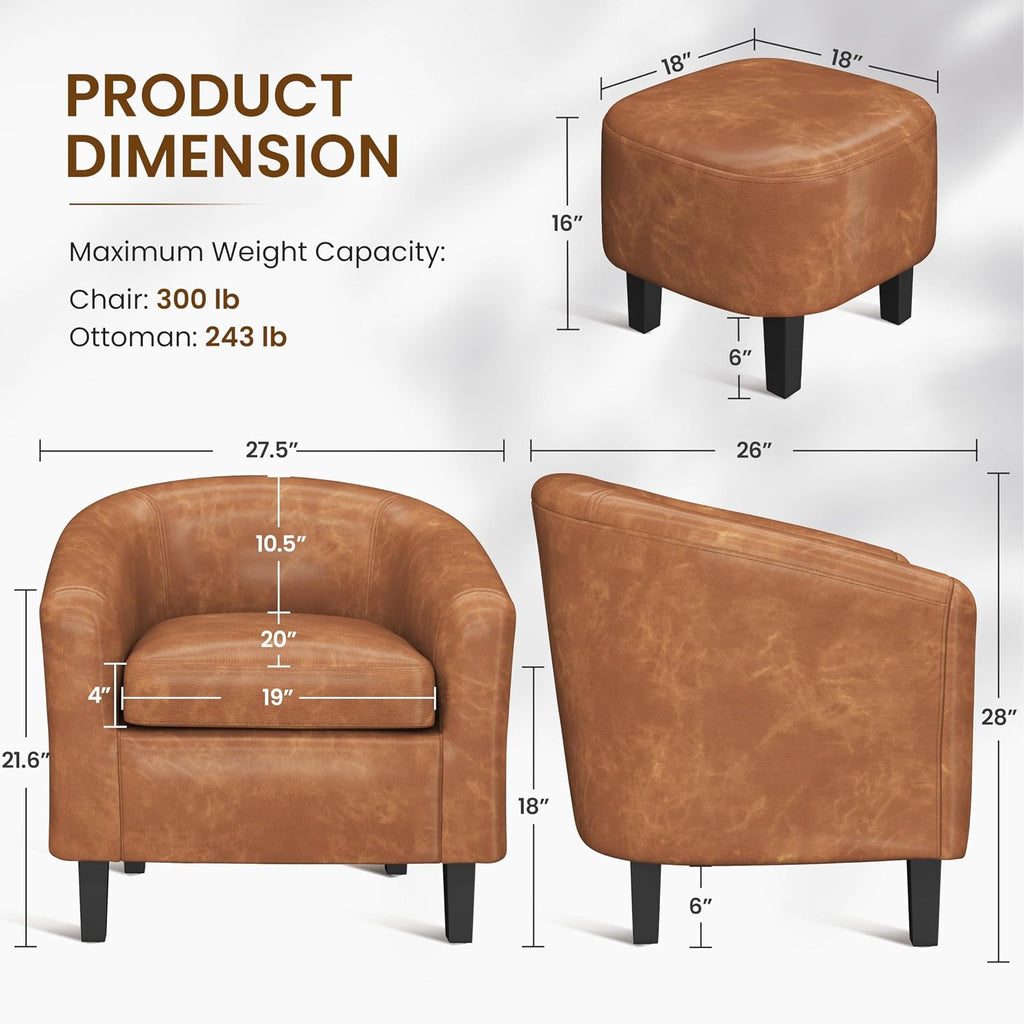 Faux Leather Barrel Accent Chair with Ottoman, Brown