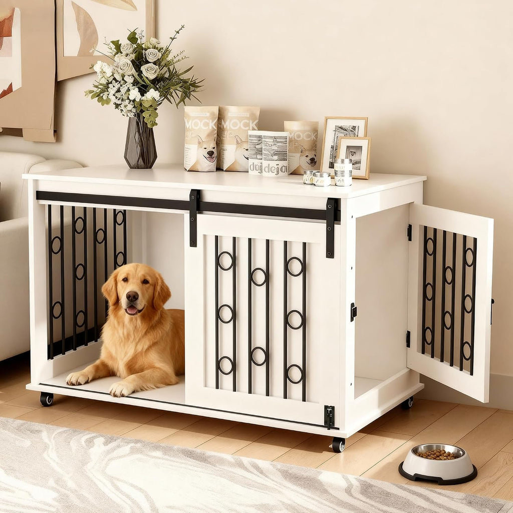 Modern Wooden Dog Crate Furniture with Sliding Barn Door and Side Door