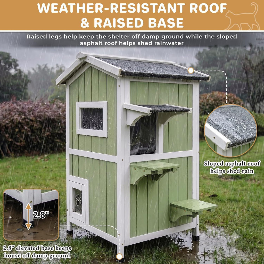 2-Story Weatherproof Wooden Outdoor Cat House