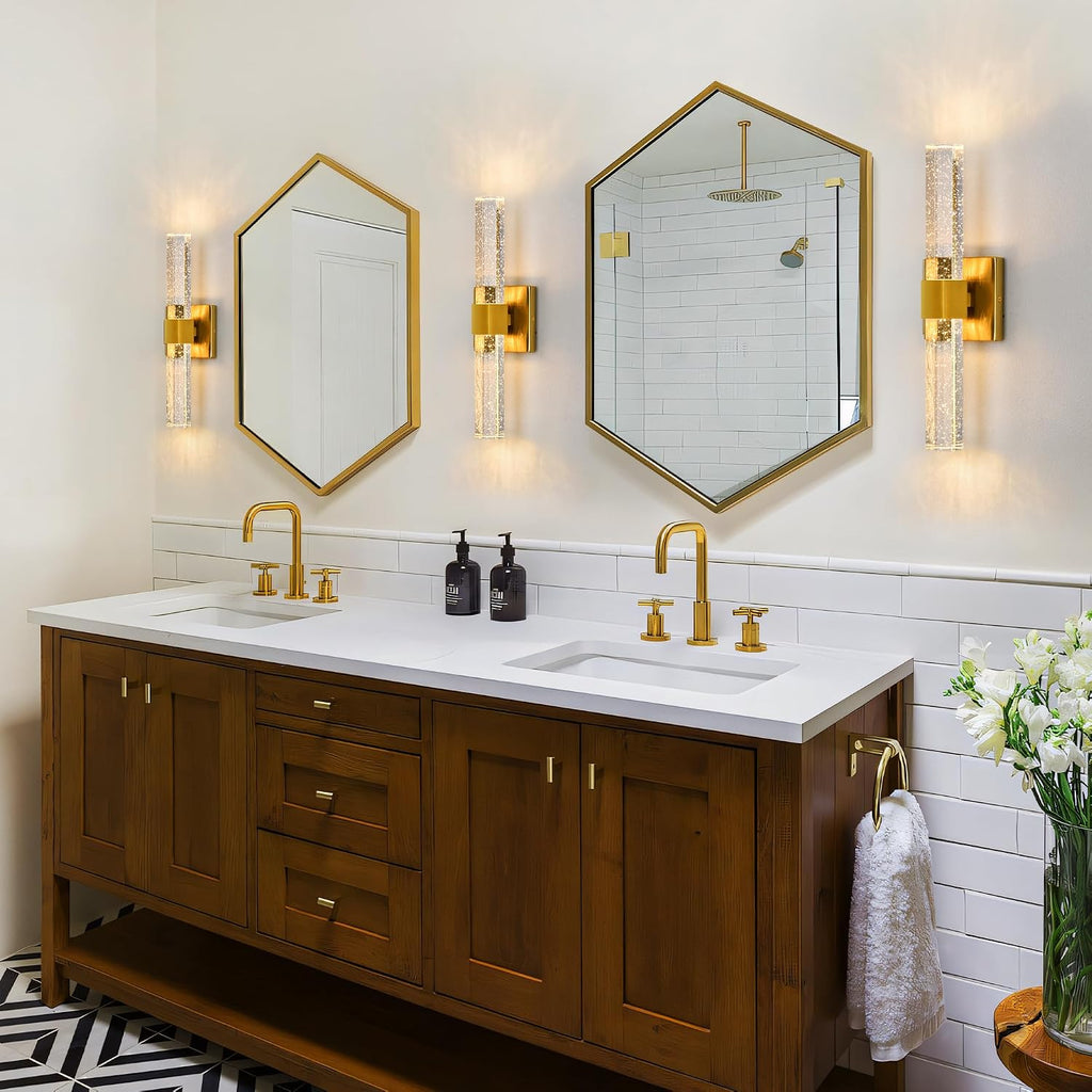 Gold Wall Sconces Set of Two - Bathroom Sconces Wall Lighting 14W Dimmable LED Crystal Wall Light with Bubble Glass