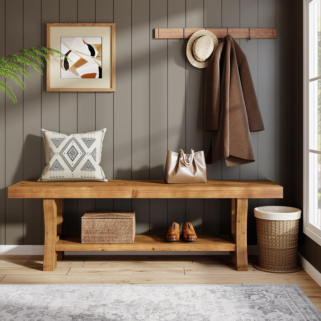 Solid Wood Entryway Bench, 55" End of Bed Bench, Long Indoor Dining Seat, Easy Assembly, Brown