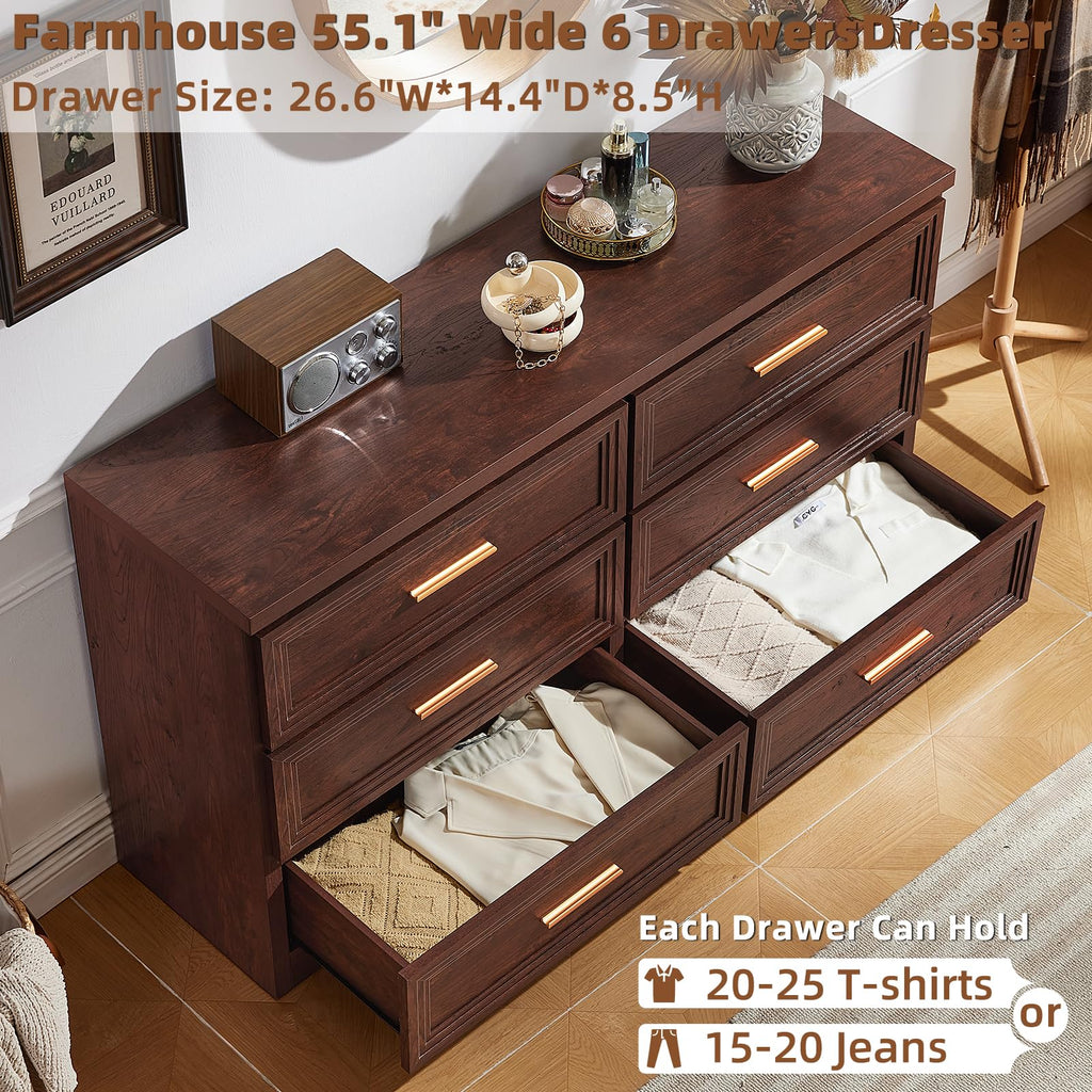 55.1" Wide Farmhouse 6 Drawers Dresser, Walnut