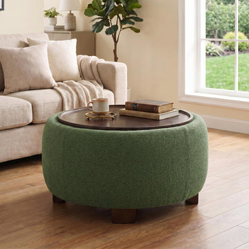 30 Inch Chenille Round Storage Ottoman with Wood Lift-Off Lid, Green