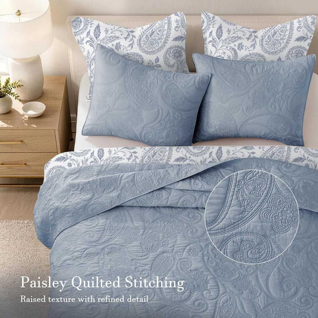 100% Cotton Quilt Set, Paisley Design, Slate Blue
