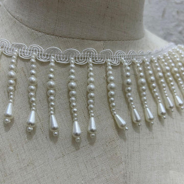 Pearl Fringe Trim with Teardrop Beads - Decorative Lace for Clothing, Lampshades, Curtains, and DIY Crafts - 1 Yard