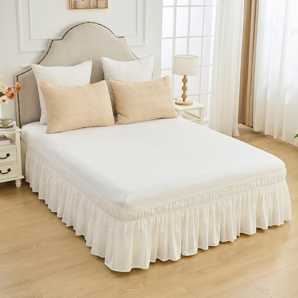 Wrap Around Bed Skirts 17" Drop, Cotton Adjustable Elastic Dust Ruffles Wrinkle & Fade Resistant Soft Cozy Elegant