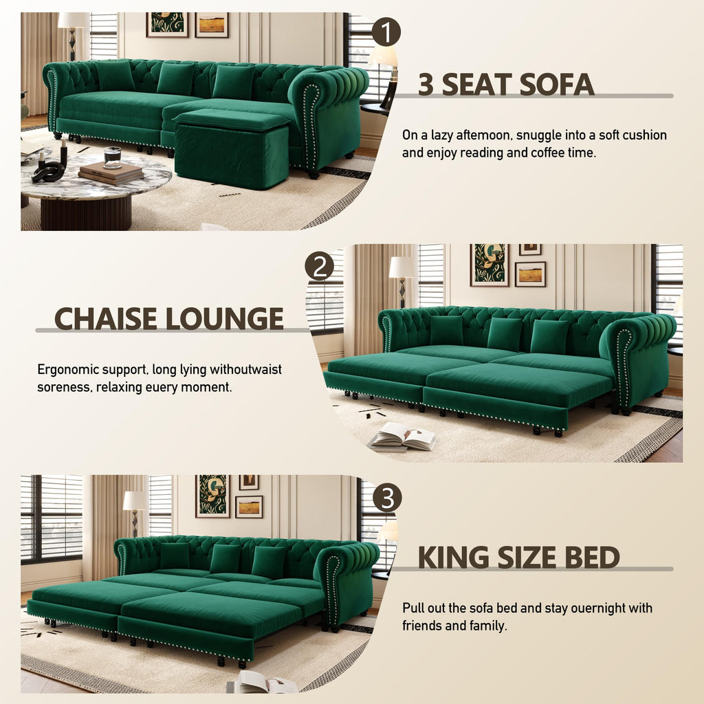 89" King Size Sleeper Sofa Bed, 3-in-1 Convertible Pull Out Chesterfield Sleeper Couch with Ottoman, Oversized Velvet