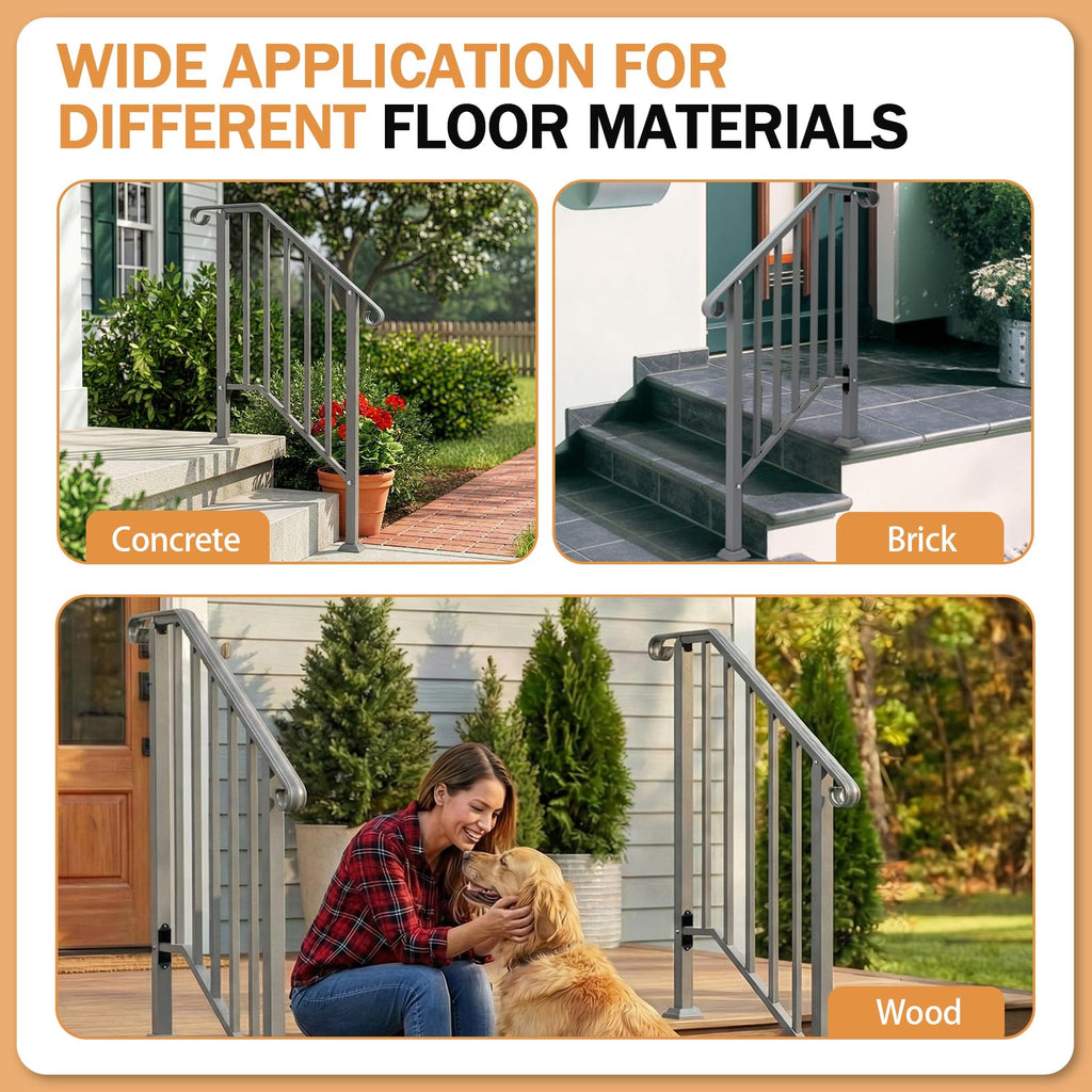 Handrails for Outdoor Steps, Stair Handrail Fits 1 to 5 Steps, Wrought Iron Hand Rail Stair Railing Kit for