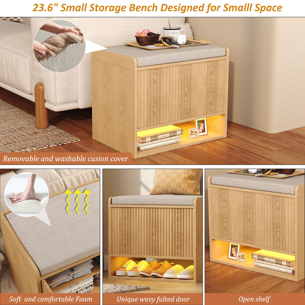 23.6" Fluted Shoe Storage Bench, Small Entryway Bench with Linen Seat Cushion, Shoe Cabinet Bench with Adjustable
