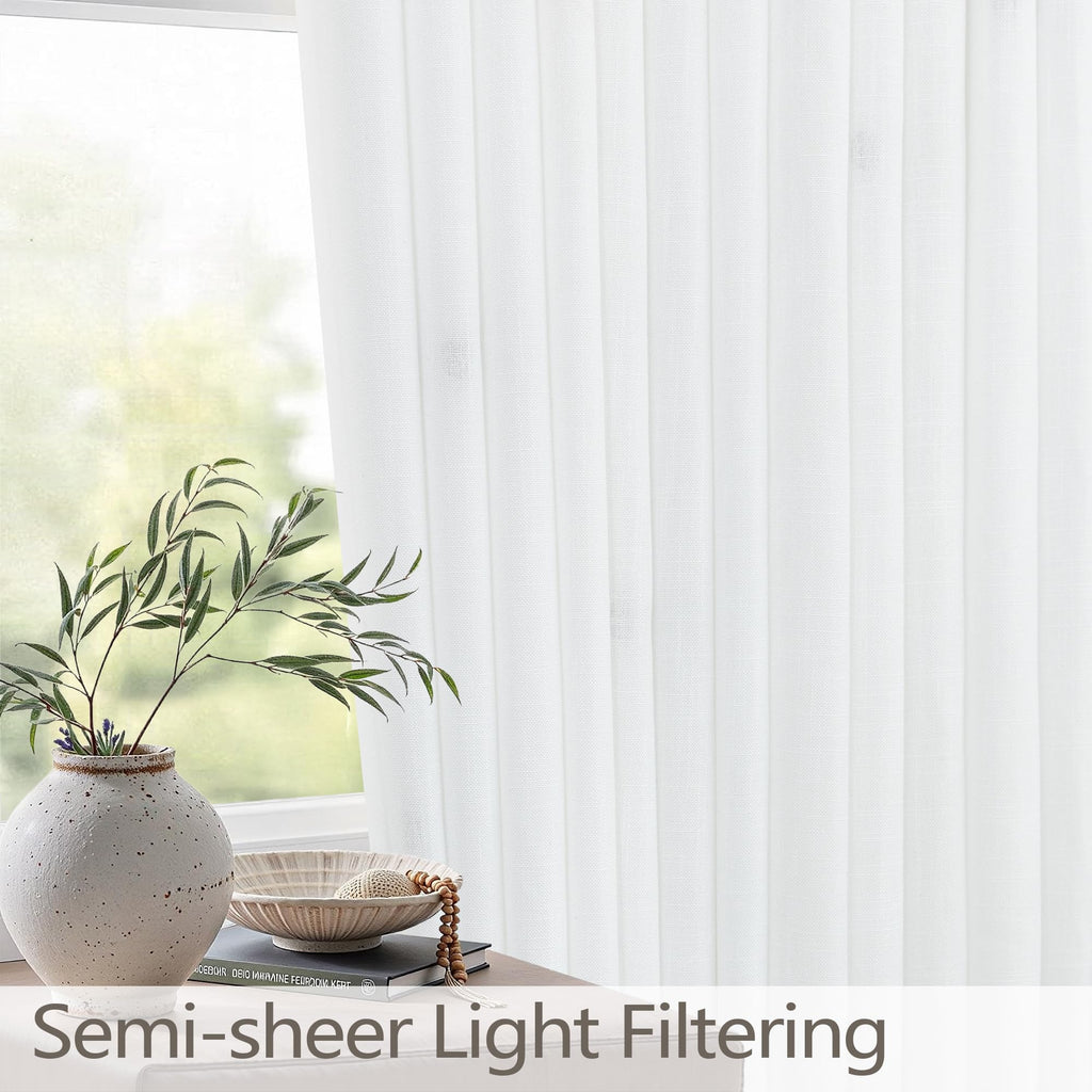 White Cafe Curtains 48 Inch Length for Windows Set 2 Panel Pinch Pleated Back Tab Short Thick Sheer Linen White