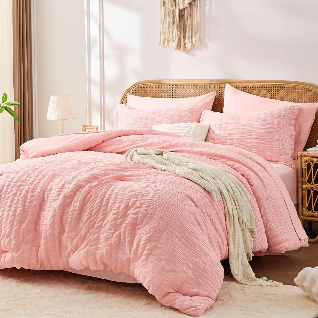 Pink Queen Comforter Set 7 Pieces, Luxury Seersucker Queen Bed Set for All Seasons