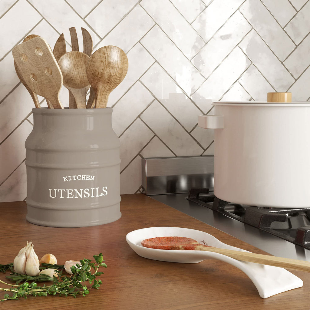 Ceramic Kitchen Utensil Holder Countertop 6.75′′ (Taupe)