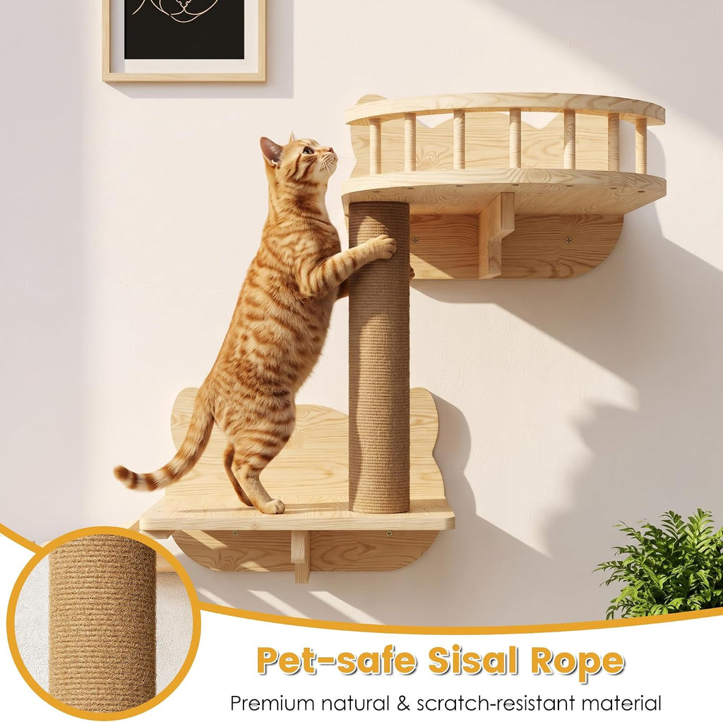 16-in-1 Cat Wall Shelves, Solid Pine Wood Cat Climbing System with Tunnel, Perch, Bridge, Condo and Sisal Scratching