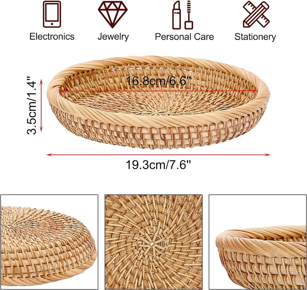 Handwoven Rattan Small Key Bowl - 7.6 Inch Round Catch All Tray for Keys,Coins, Wallet, Jewelry - Natural Wicker